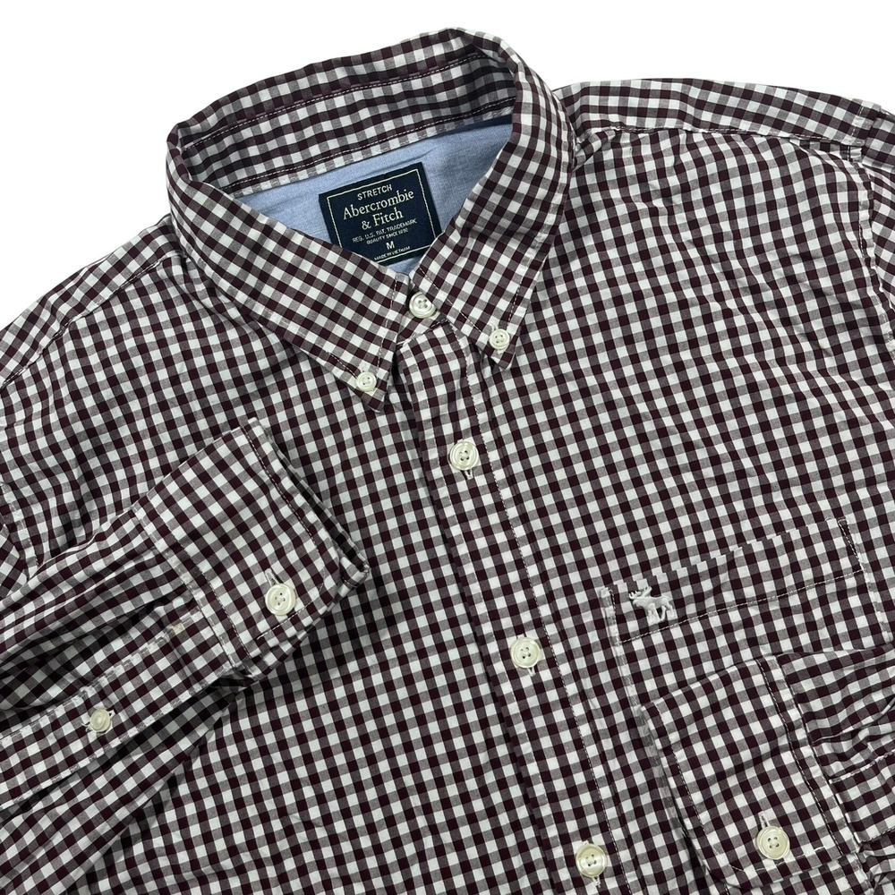 Abercrombie & Fitch Button Down Mens M Burgundy‎ Gingham Stretch Shirt * Flaw